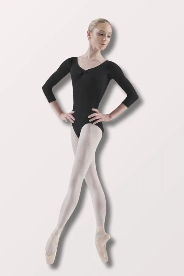 Ladies Pinch Front Three Quarter Sleeve Leotard - Black