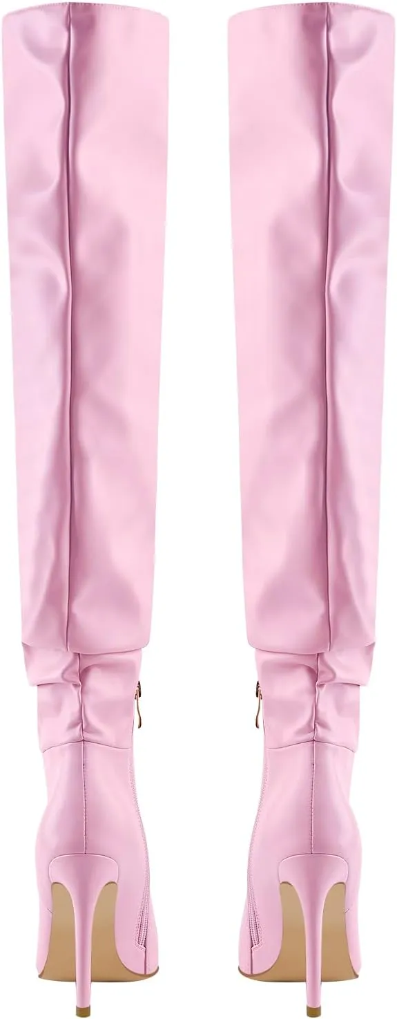 LISHAN Women's Slouchy Over the Knee High Boots Pointy Toe Heels Stilettos