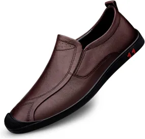 Loafer Shoes for Men Genuine Leather Stitching Details Round Toe Breathable Resistant Flexible Flat Heel Lightweight Anti-Slip Driving Slip on for Any Attire