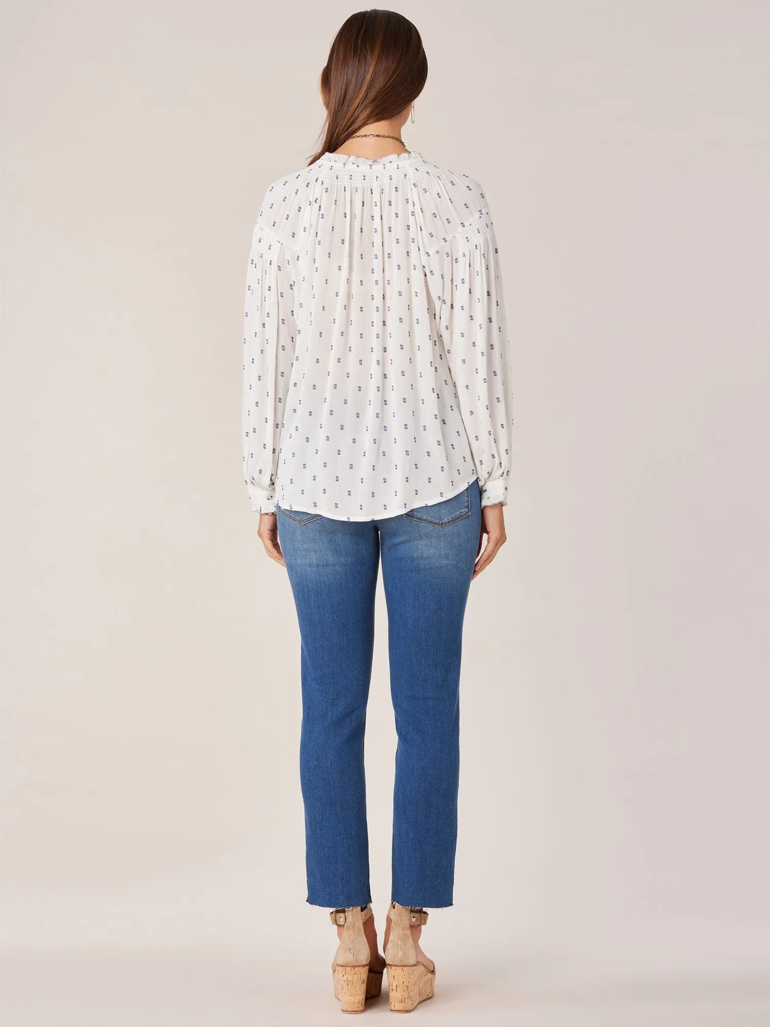 Long Blouson Sleeve Ruffle Neck Half Button Down Dotted Woven Top