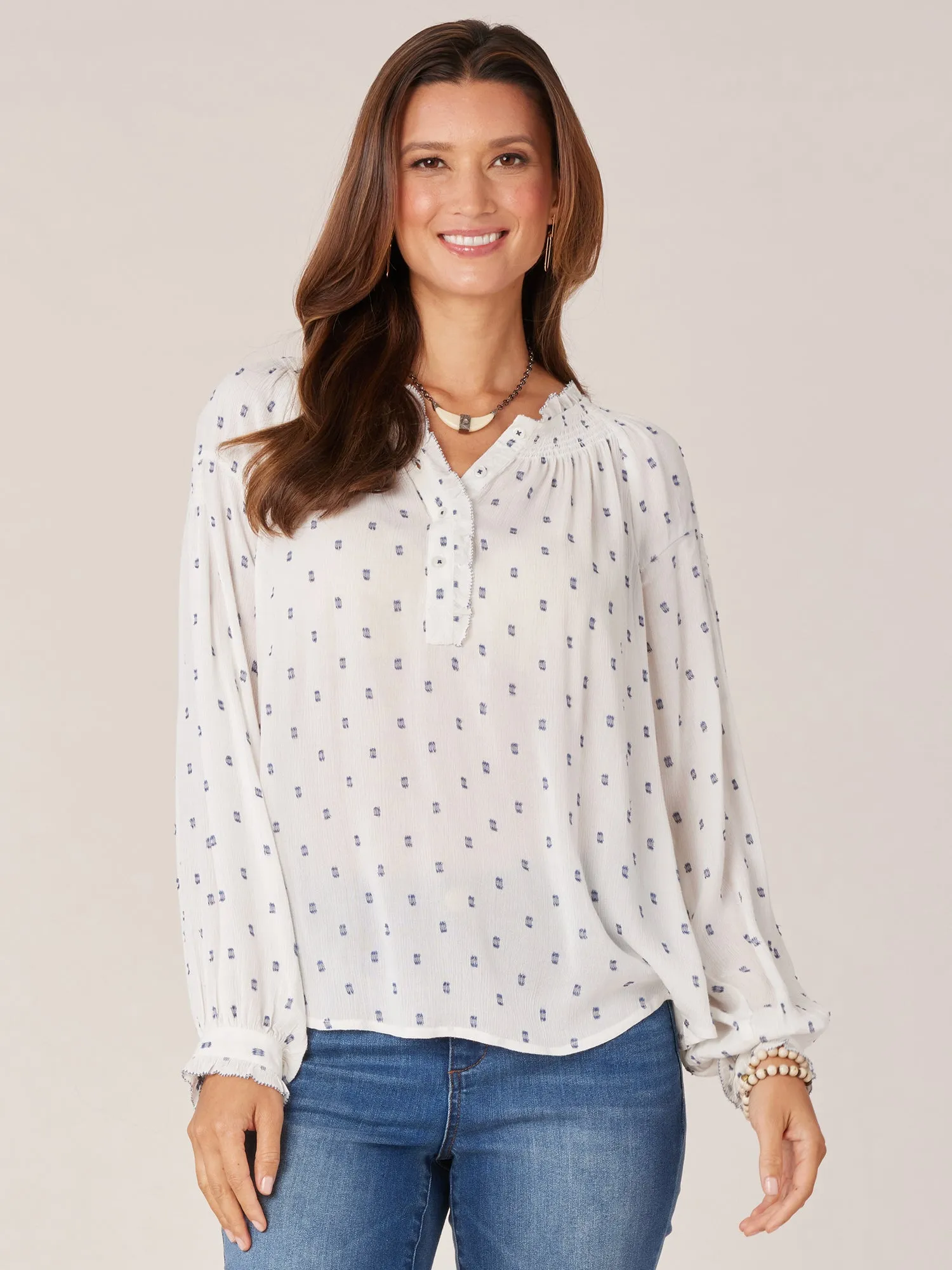 Long Blouson Sleeve Ruffle Neck Half Button Down Dotted Woven Top