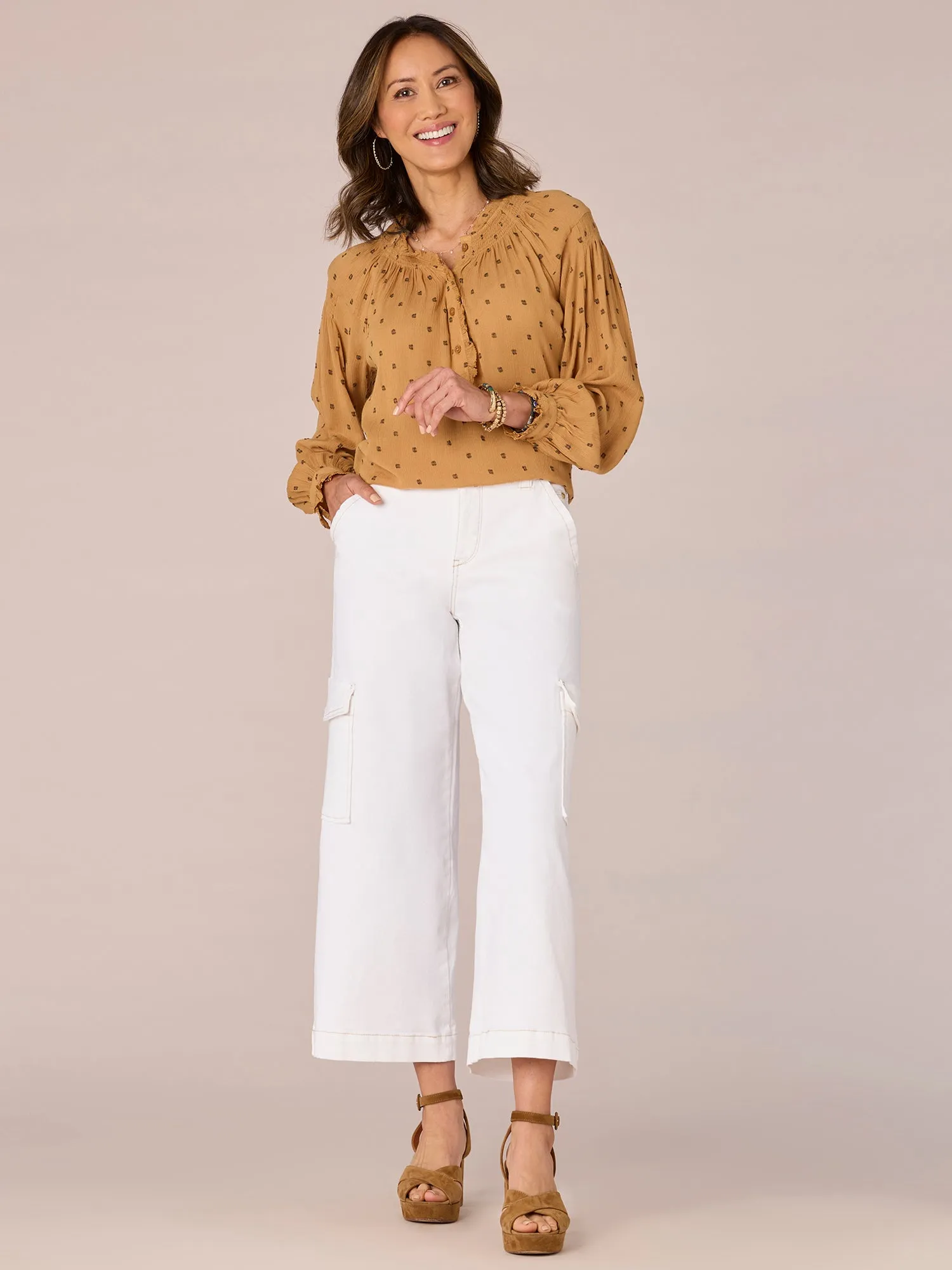 Long Blouson Sleeve Ruffle Neck Half Button Down Dotted Woven Top