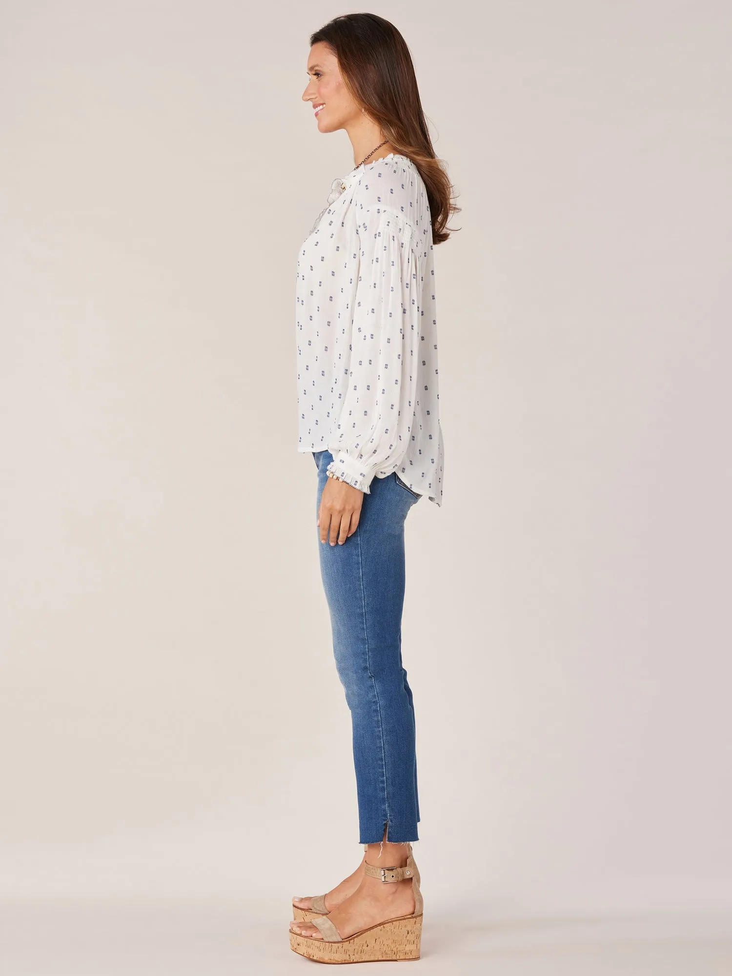 Long Blouson Sleeve Ruffle Neck Half Button Down Dotted Woven Top