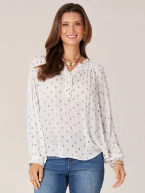 Long Blouson Sleeve Ruffle Neck Half Button Down Dotted Woven Top