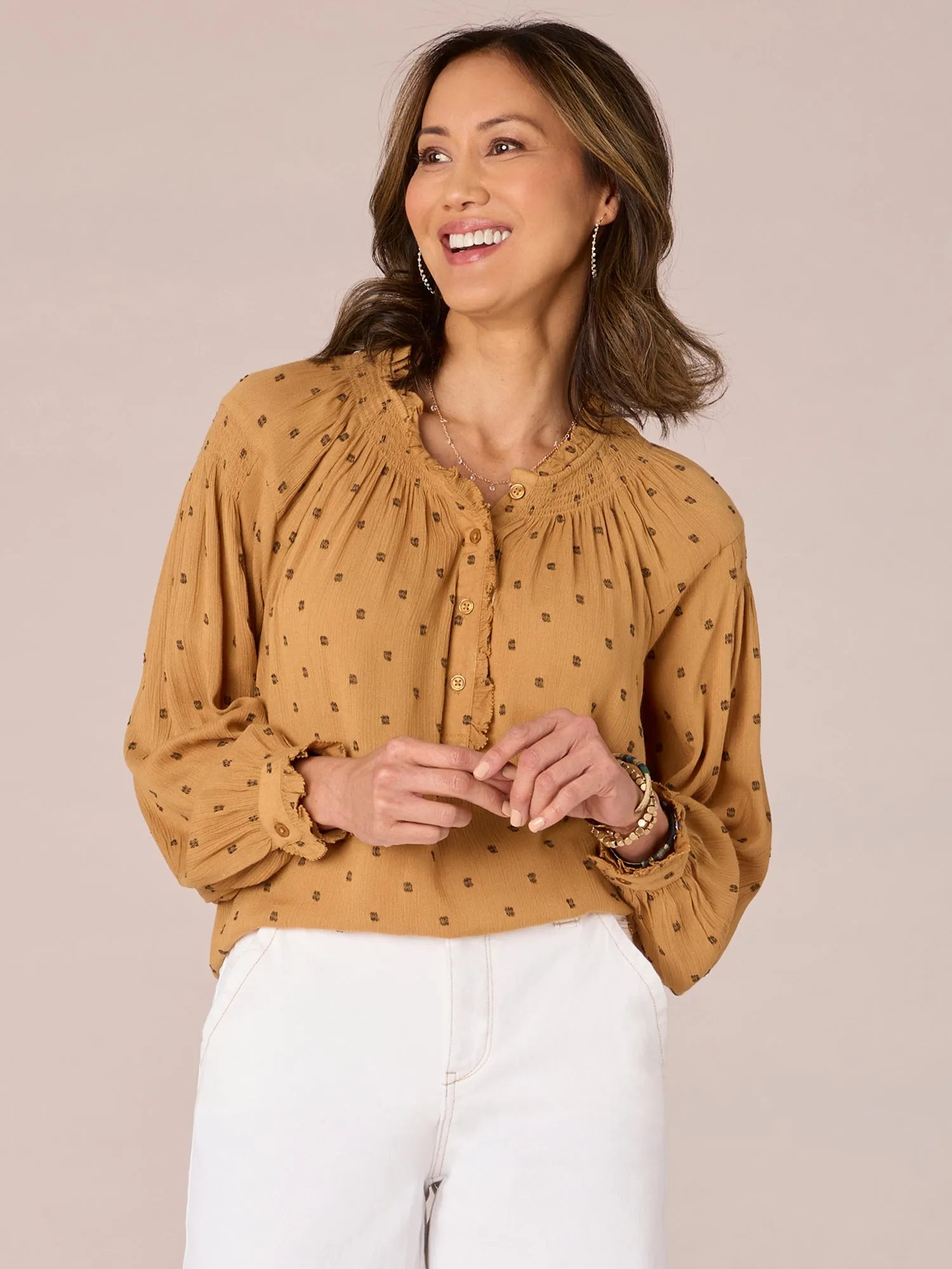 Long Blouson Sleeve Ruffle Neck Half Button Down Dotted Woven Top