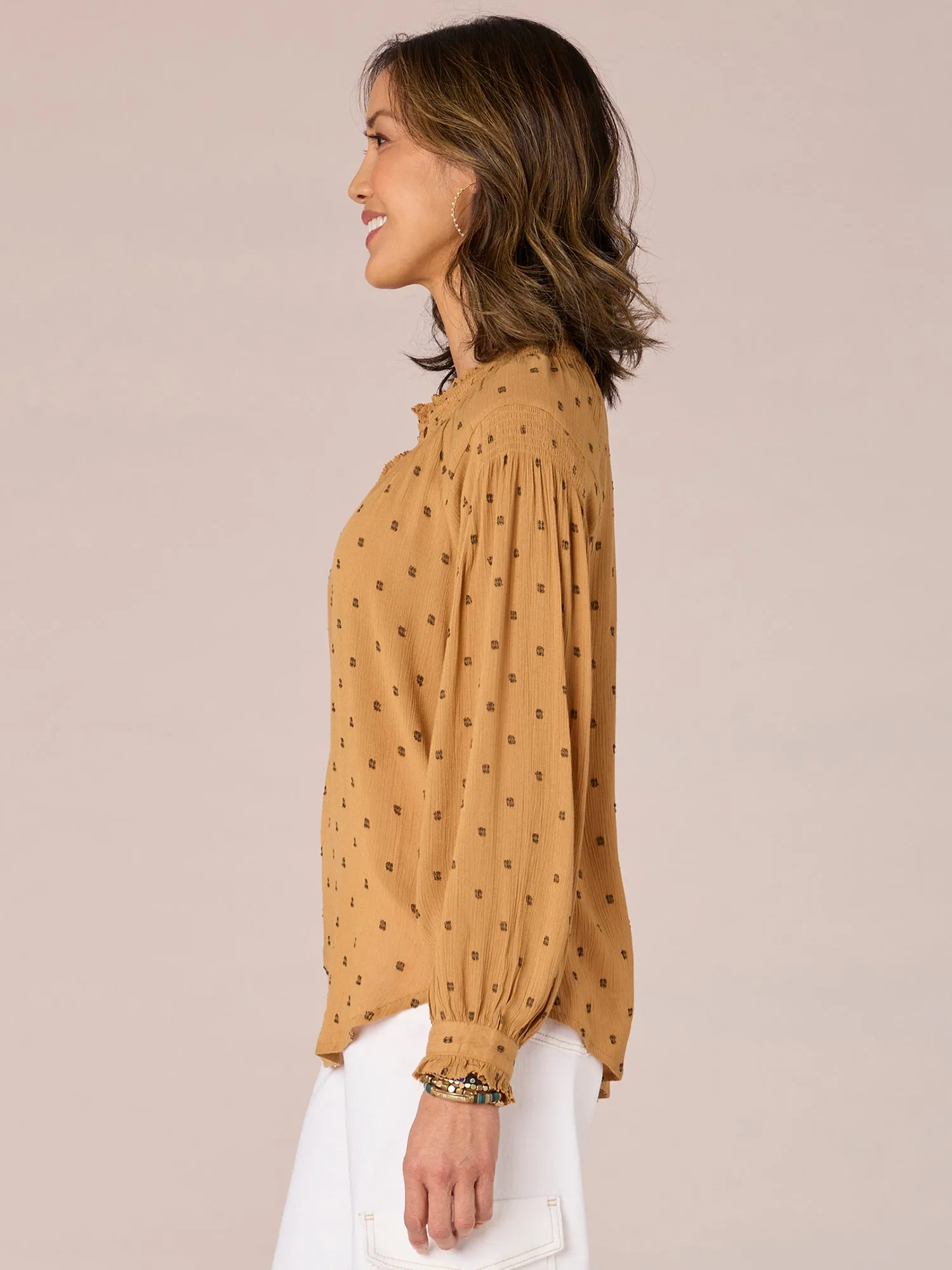 Long Blouson Sleeve Ruffle Neck Half Button Down Dotted Woven Top