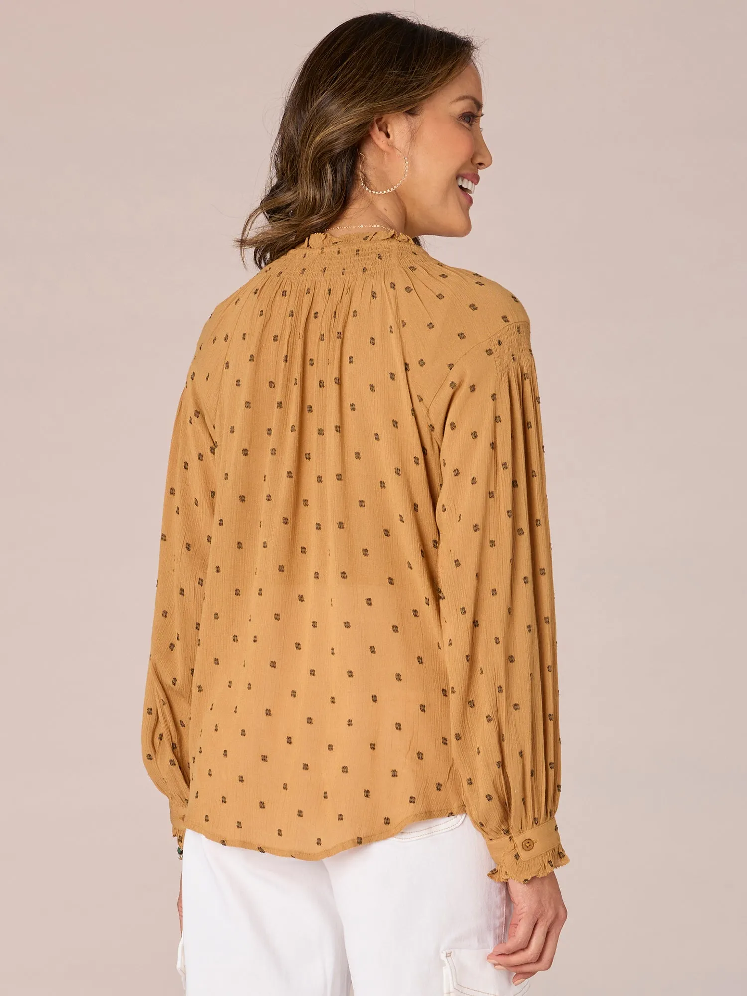 Long Blouson Sleeve Ruffle Neck Half Button Down Dotted Woven Top
