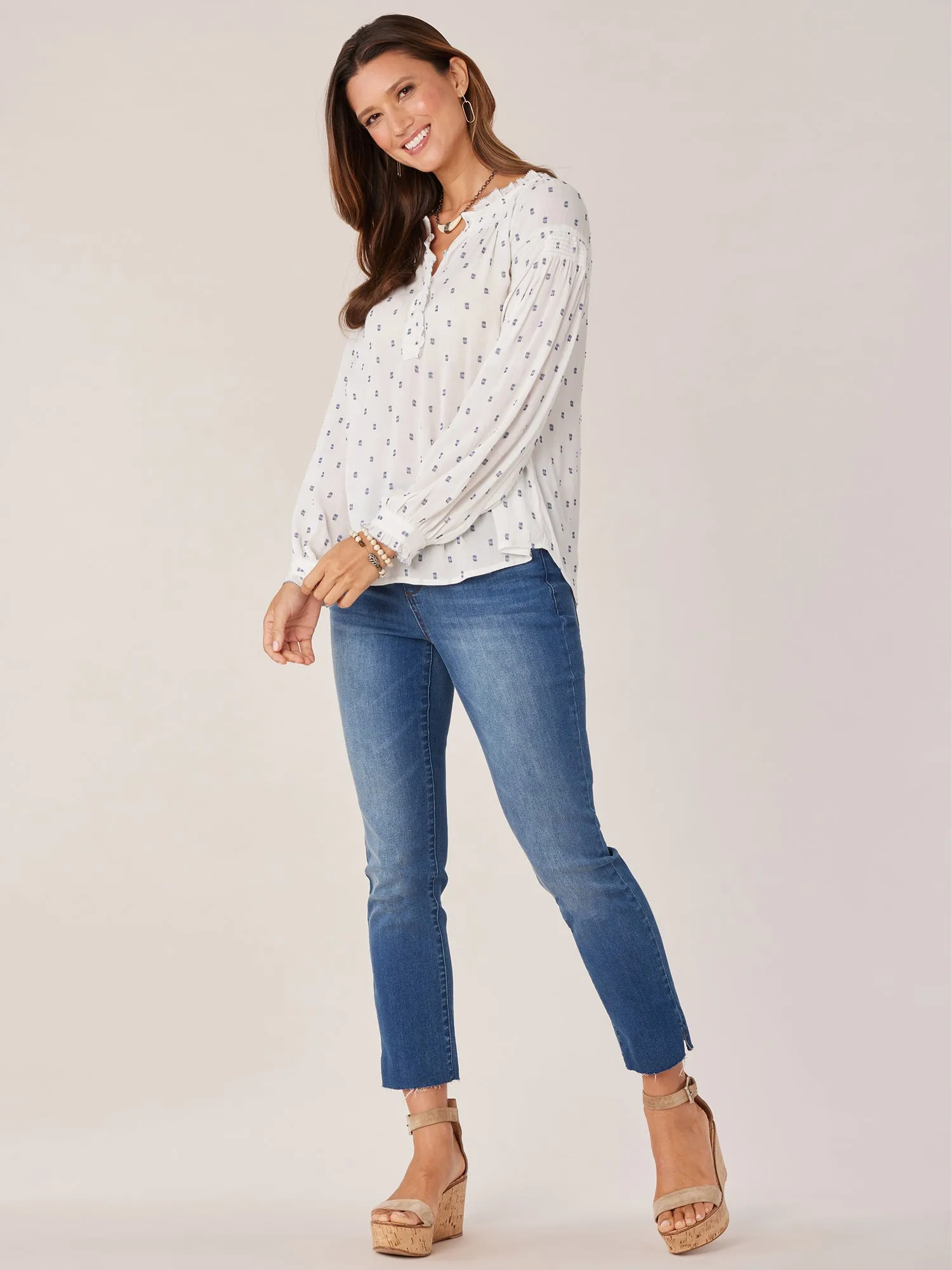 Long Blouson Sleeve Ruffle Neck Half Button Down Dotted Woven Top