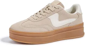 LUCKY STEP Women's Platform Fashion Sneakers Thick Sole Suede Genuine Leather Classic Rubber Gum Sole Low Top Casual Walking Shoes