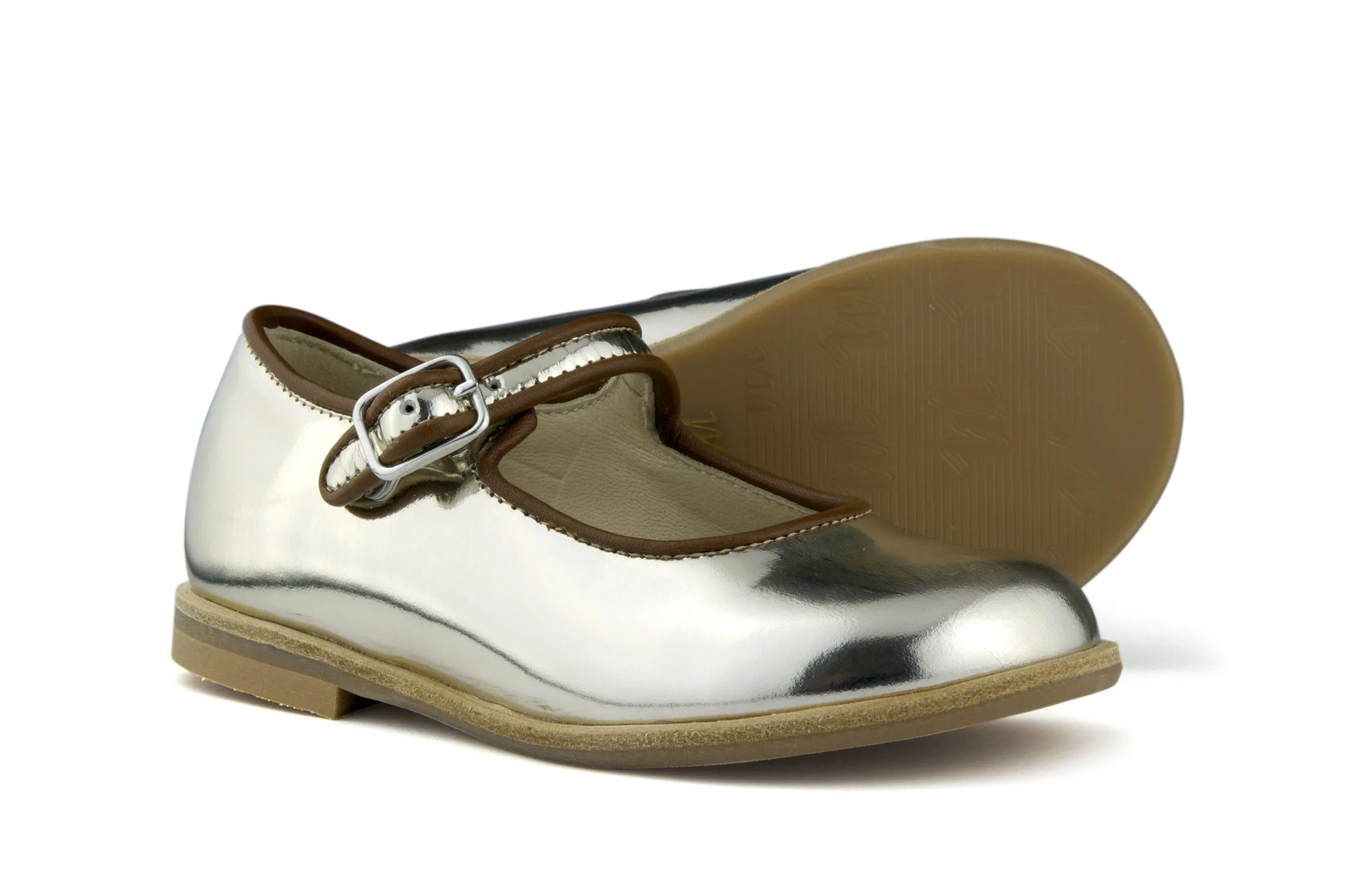 Manuela de Juan Girls Metallic Silver Mary Jane with Brown Piping