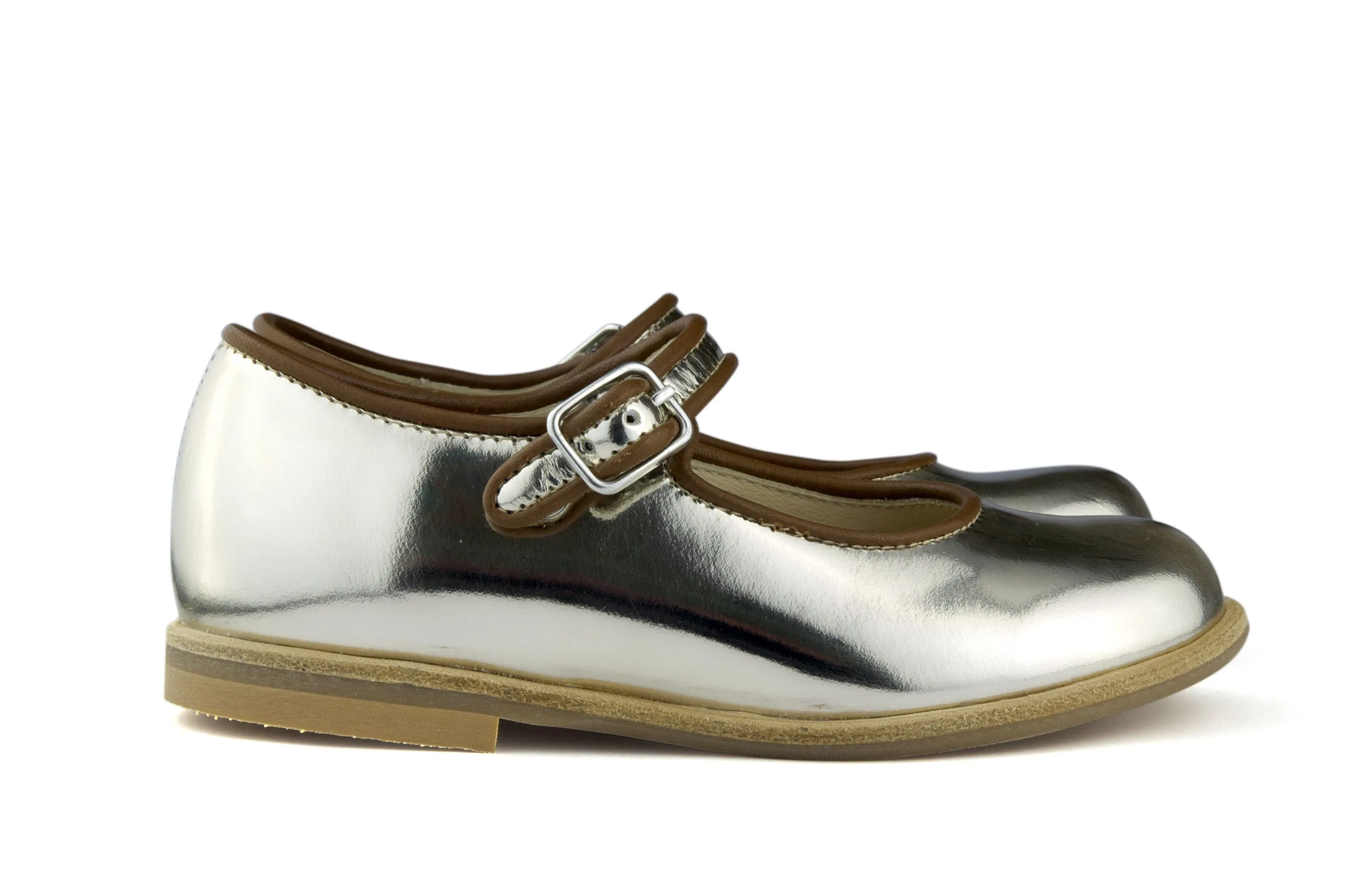 Manuela de Juan Girls Metallic Silver Mary Jane with Brown Piping