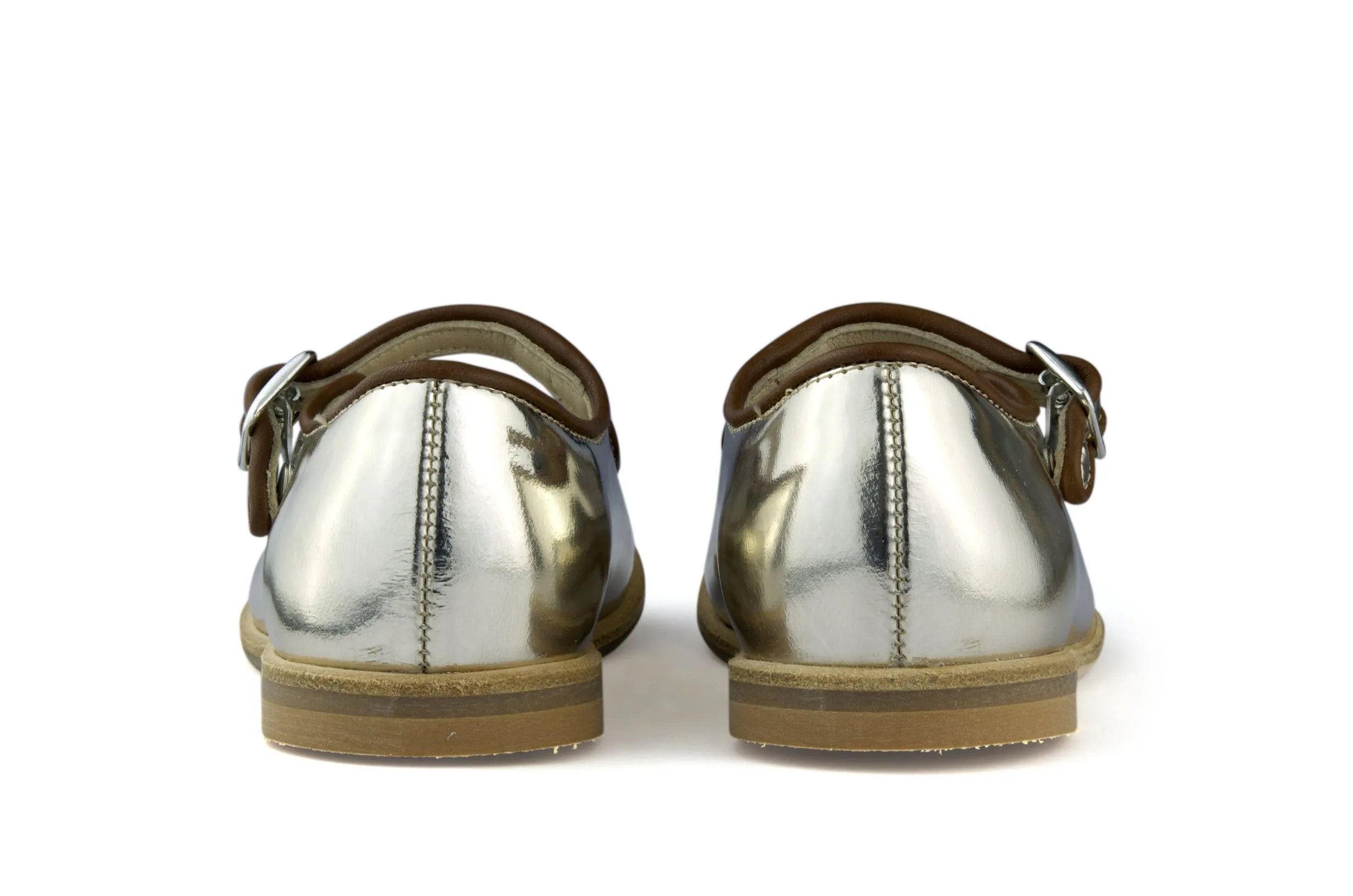 Manuela de Juan Girls Metallic Silver Mary Jane with Brown Piping
