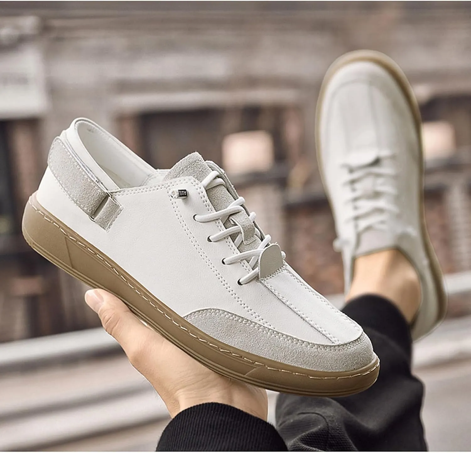 Men's Leather Elastic Lacing Low Top Dress Sneakers Fashionable Color Blocking Flat Hook Loop Casual Walking Skateboard Shoes for Driving Office Work