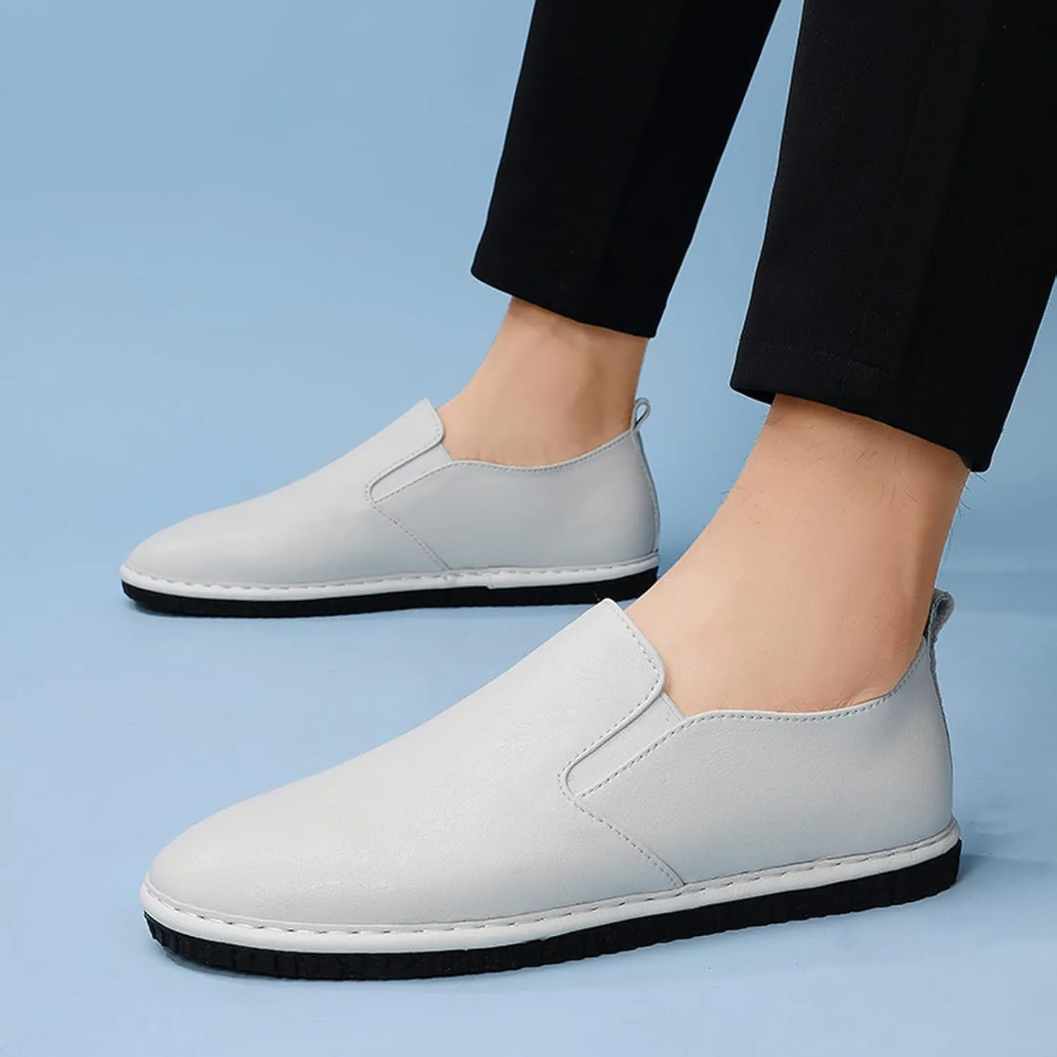 Men's Leather Round Toe Flat Slip-On Loafers Casual Low Top Hollow Out Breathable Penny Sandals Comfortable Non-Slip Soft Bottom Driving Work Shoes