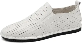 Men's Leather Round Toe Flat Slip-On Loafers Casual Low Top Hollow Out Breathable Penny Sandals Comfortable Non-Slip Soft Bottom Driving Work Shoes