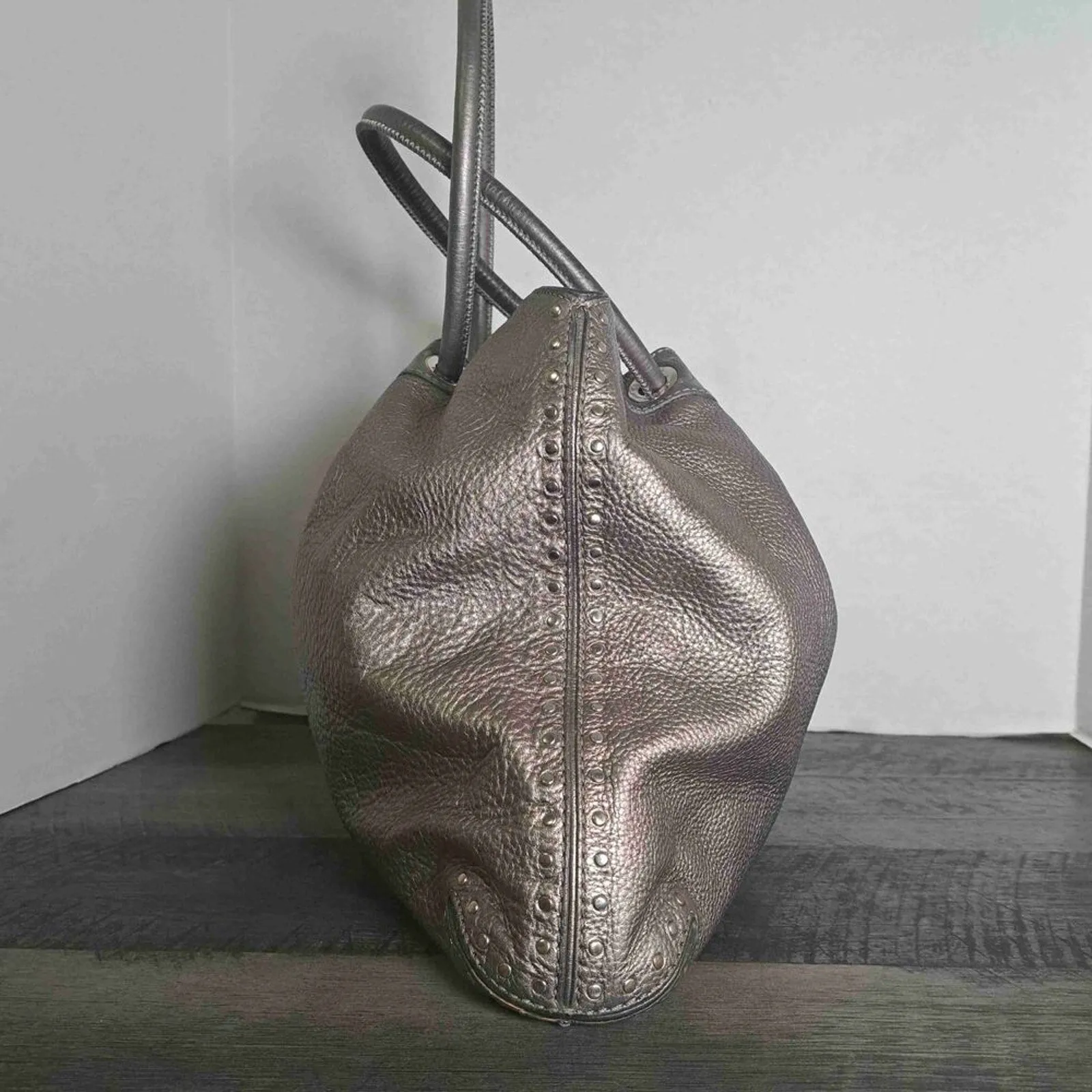 Michael Kors Metallic Pewter Pebbled Leather Double Handle Tote Handbag