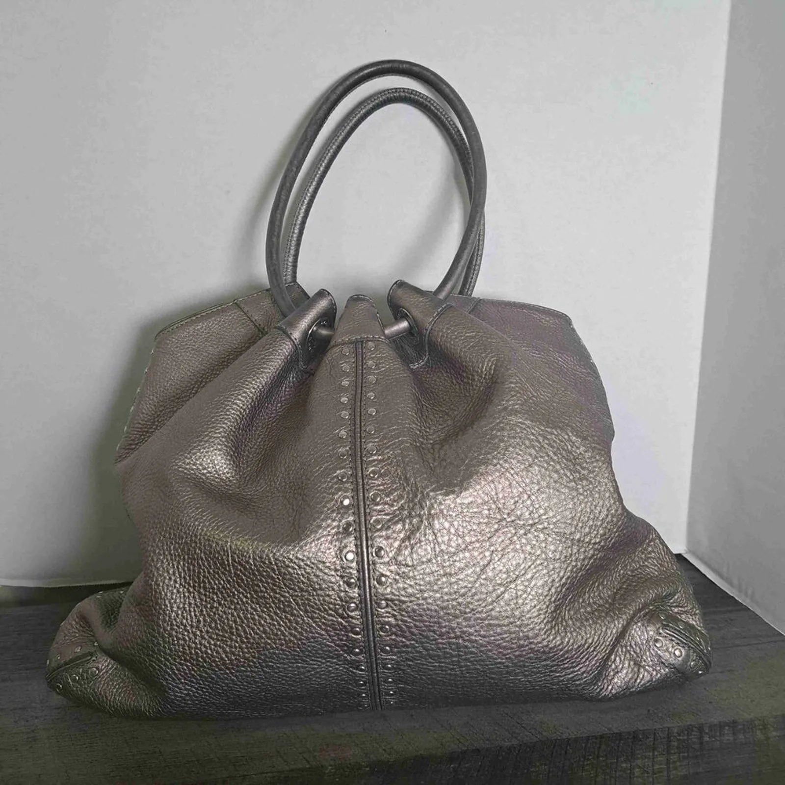 Michael Kors Metallic Pewter Pebbled Leather Double Handle Tote Handbag