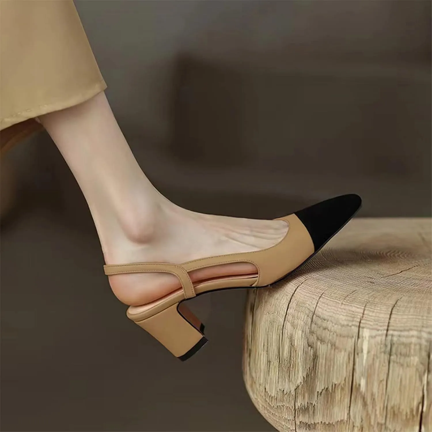 MICIFA Slingback Heels for WomenRound Toe Chunky Heeled Pumps Ankle Strap Fashion Splicing Dress Shoes