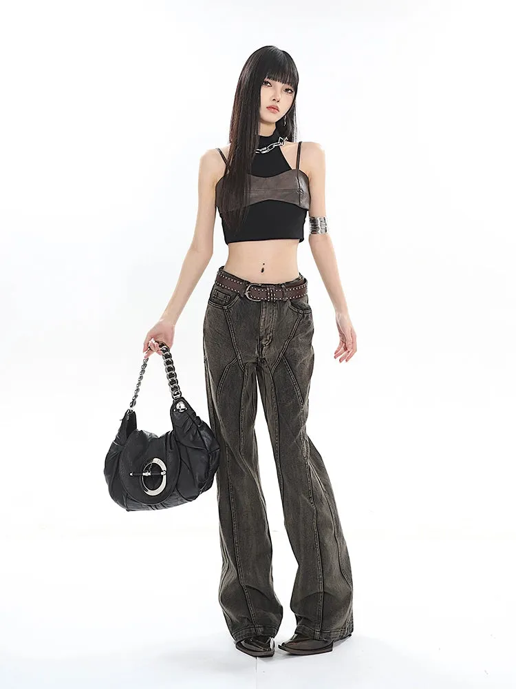 Mock Two-Piece Faux Leather Halter Cropped Tank Top