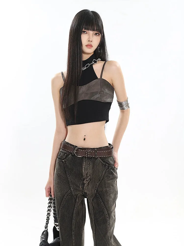 Mock Two-Piece Faux Leather Halter Cropped Tank Top