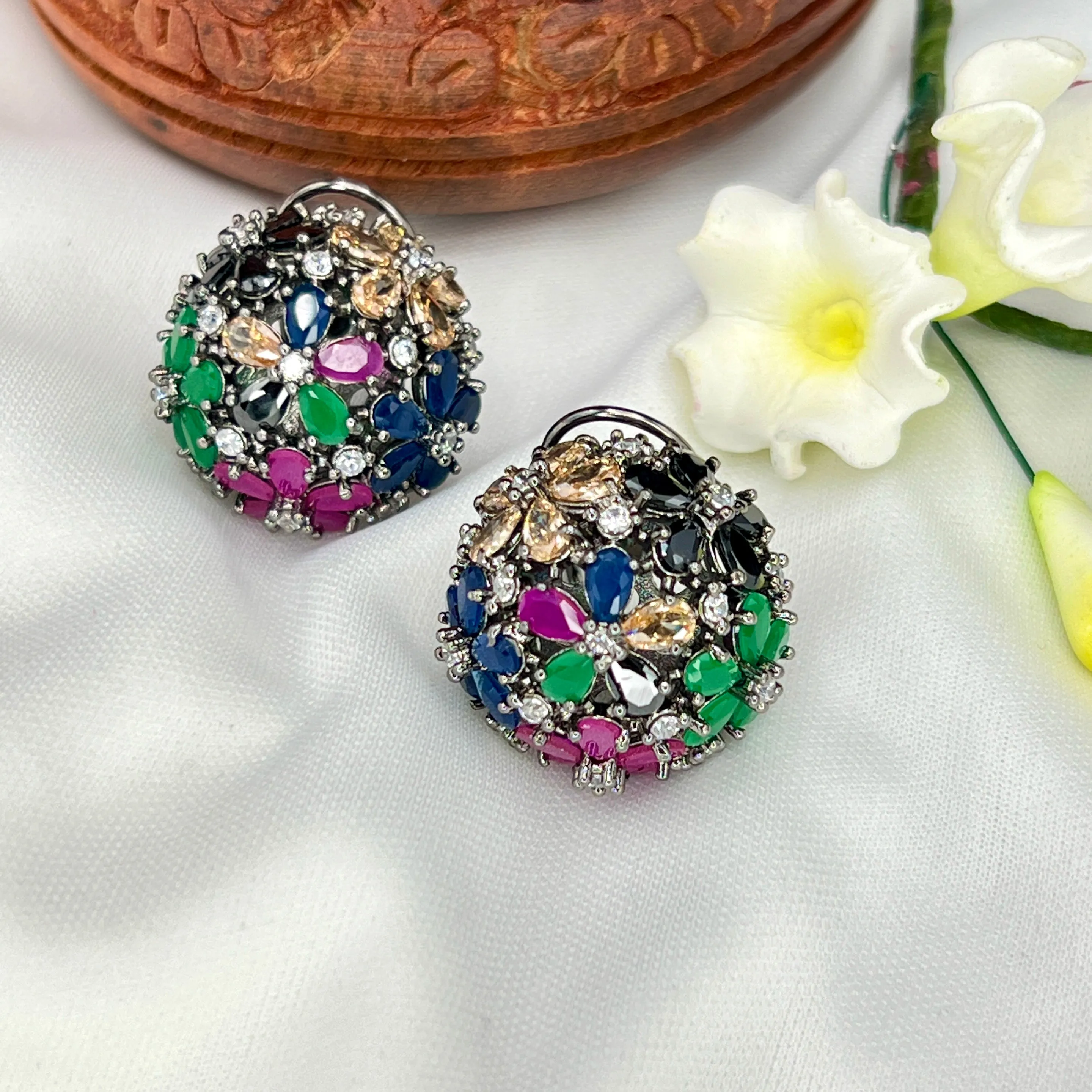 Multicolor Floral Victorian AD Zircon Stud Earring