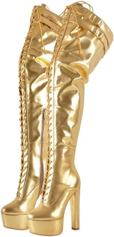 Richealnana Women's Over The Knee High Platform Thigh High Boots Lace-Up Chunky Heels Fashion