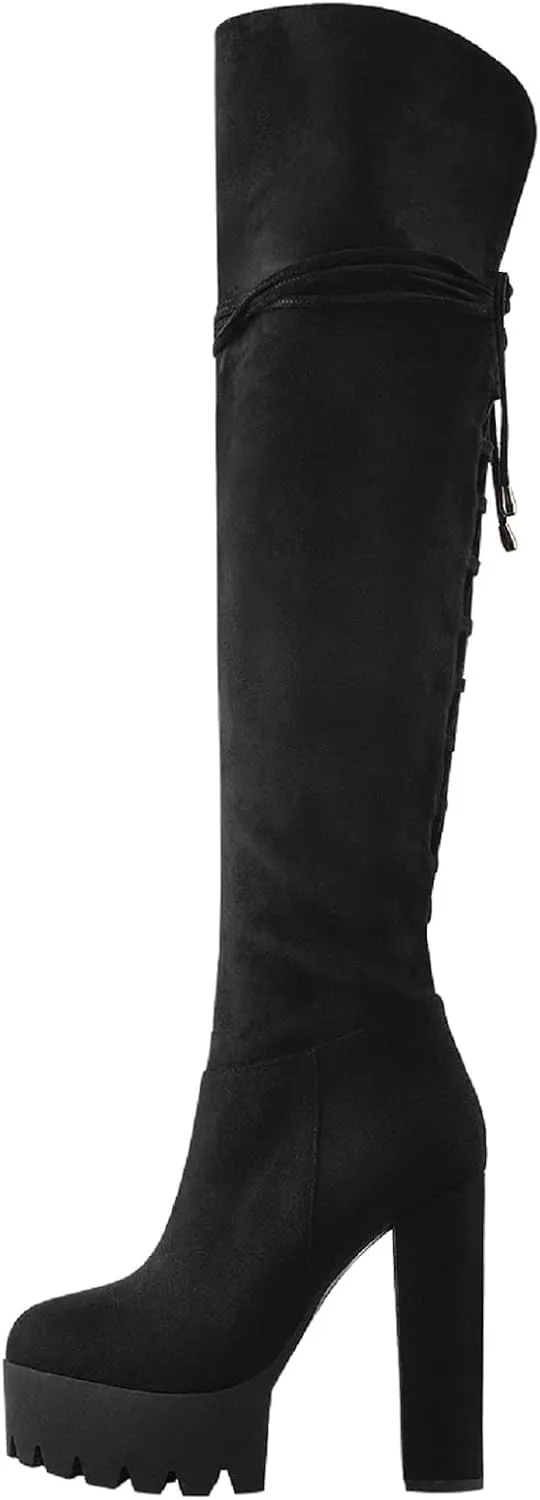 Richealnana Women's Platform Lace Up Side Zipper Over the Knee High Boots