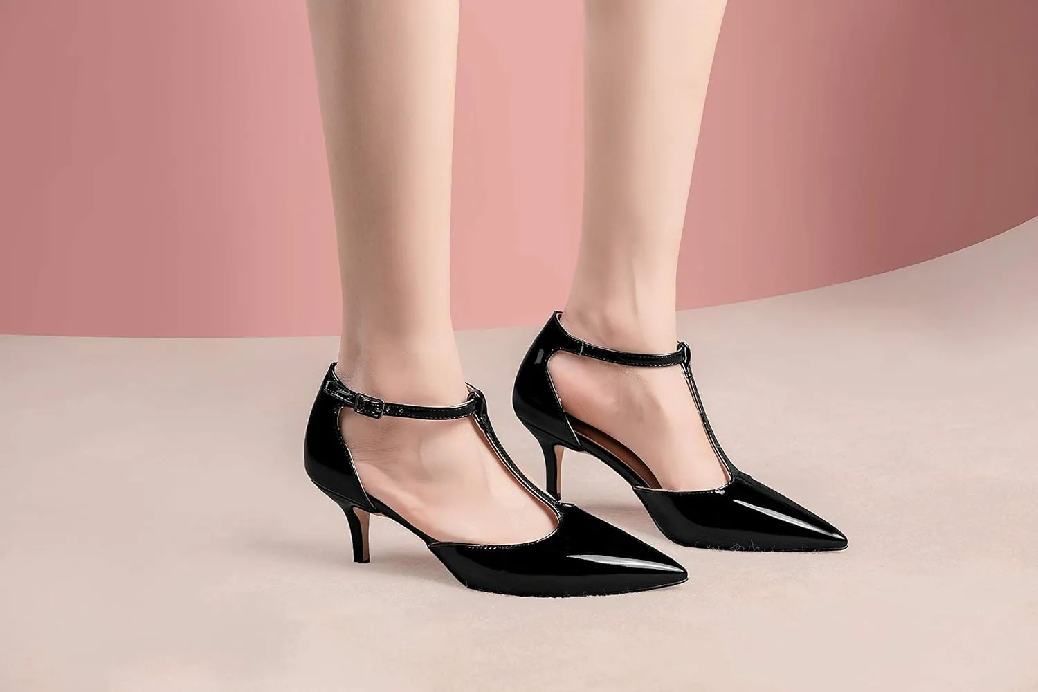 SAMMITOP Women's Kitten Heel Pointed Toe Pumps Ankle Strap Mid Heel T-bar Dress Shoes