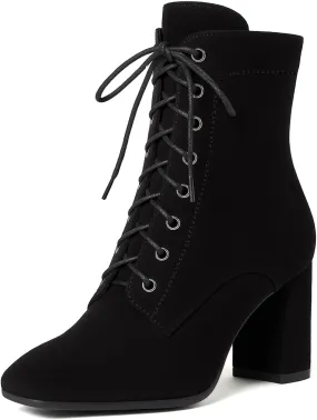SEIFIN Women's Square Toe Chunky Heels Ankle Boots Block High Heeled Lace Up Short Booties Shoes