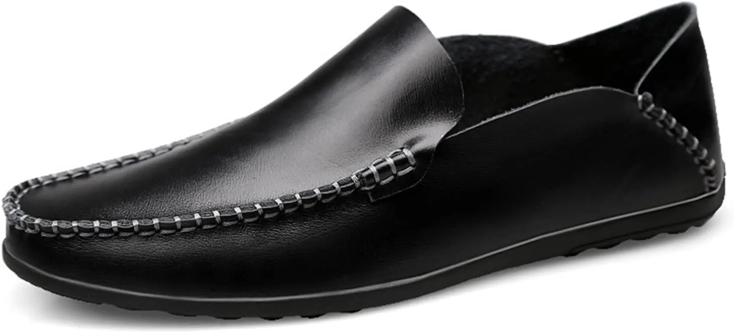Shoes Smoking Loafer for Men Genuine Leather Round Toe Stitching Details Classic Resistant Soft Comfortable Driving Slip On for Any Attire