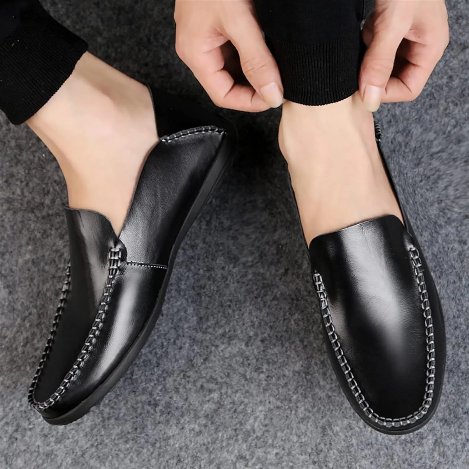 Shoes Smoking Loafer for Men Genuine Leather Round Toe Stitching Details Classic Resistant Soft Comfortable Driving Slip On for Any Attire