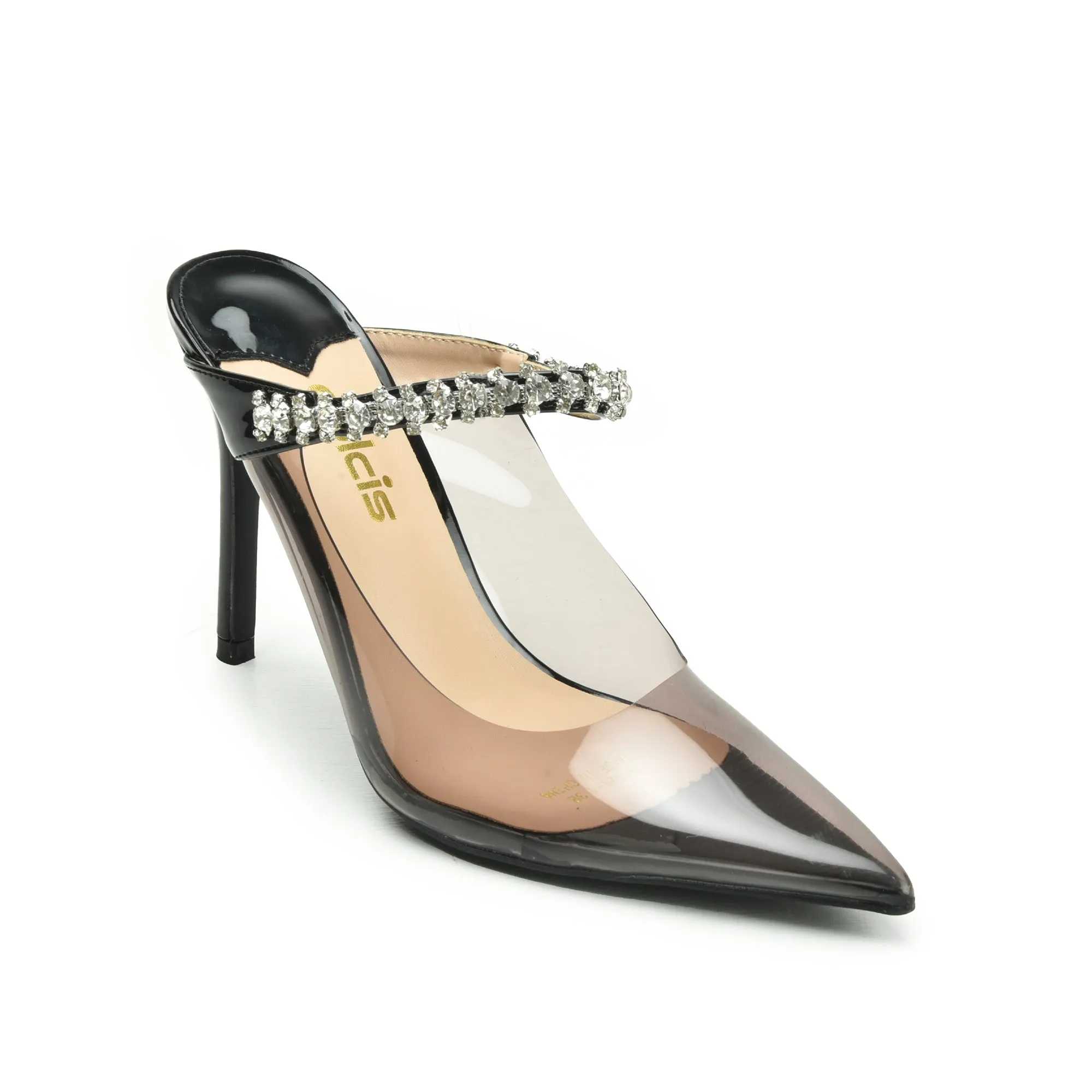 Sleek Black Transparent High Heel Mules | 436N-C