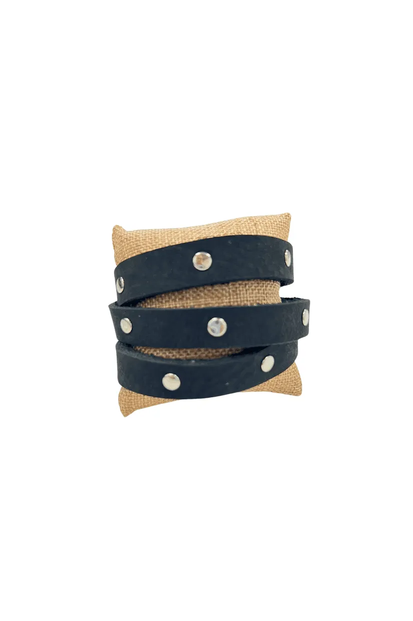 Tri Wrap Studded Leather Bracelet in Black