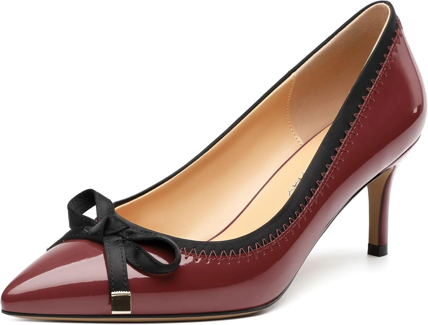 Womens Bow Mid Stiletto Pumps Sexy Patent Pointed Toe Evening Wedding Stiletto Mid Heel Pumps Dress Shoes 2.5 Inch