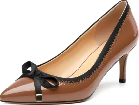 Womens Bow Mid Stiletto Pumps Sexy Patent Pointed Toe Evening Wedding Stiletto Mid Heel Pumps Dress Shoes 2.5 Inch