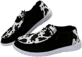 Women's Milky Cow Print Slip-On Loafers - Lightweight Comfortable Casual Shoes with Elastic Laces, Foam Outsole, Orthotic Walking Shoes for Daily Wear, US 6-10