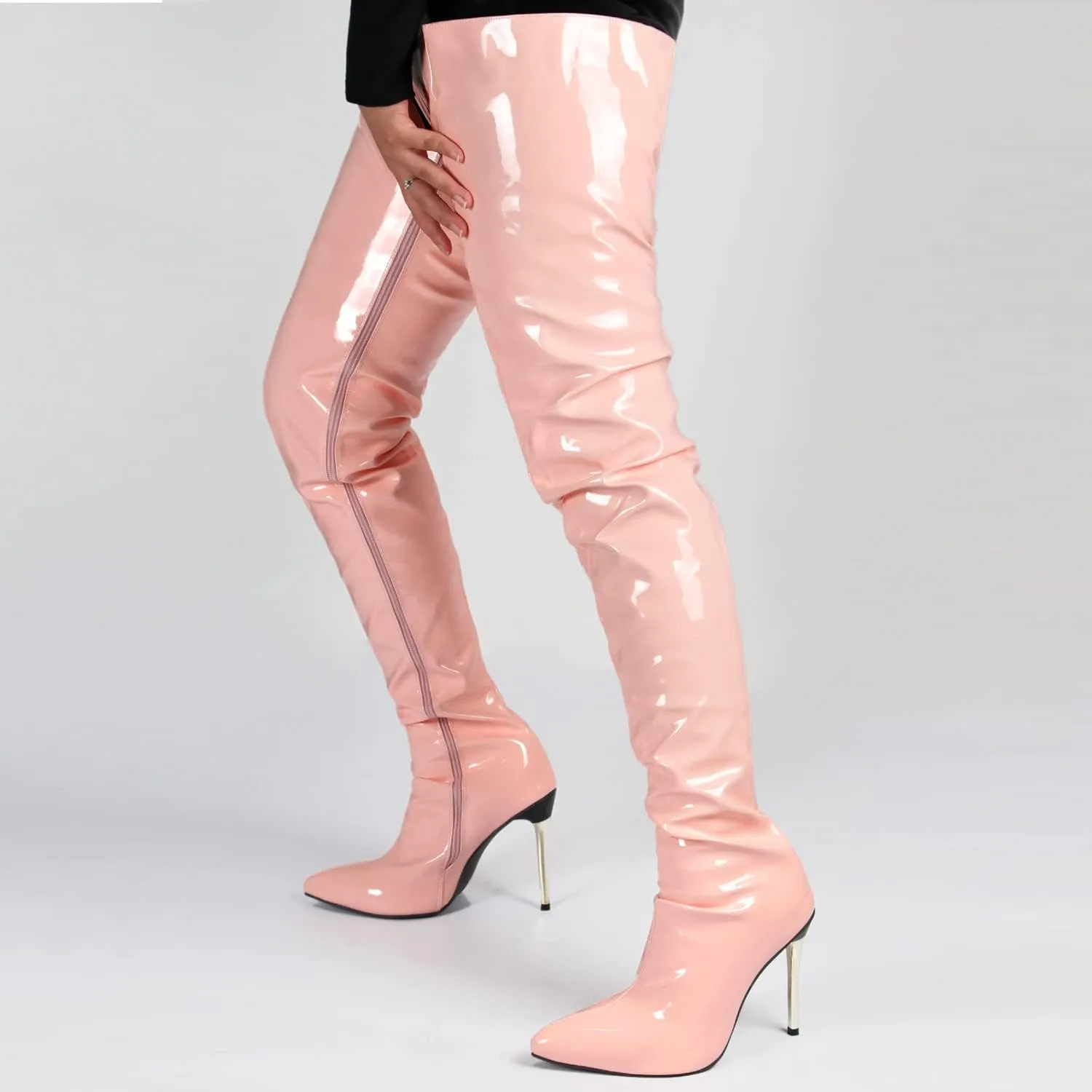 Womens Patent Leather Over The Knee Boots Sexy 4.3 Inch Stiletto High Heel Stretch Side Zipper Thigh Long Boots Pointed Toe Over The Knee Booties