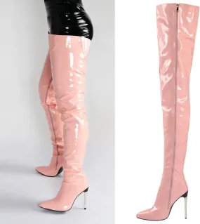 Womens Patent Leather Over The Knee Boots Sexy 4.3 Inch Stiletto High Heel Stretch Side Zipper Thigh Long Boots Pointed Toe Over The Knee Booties