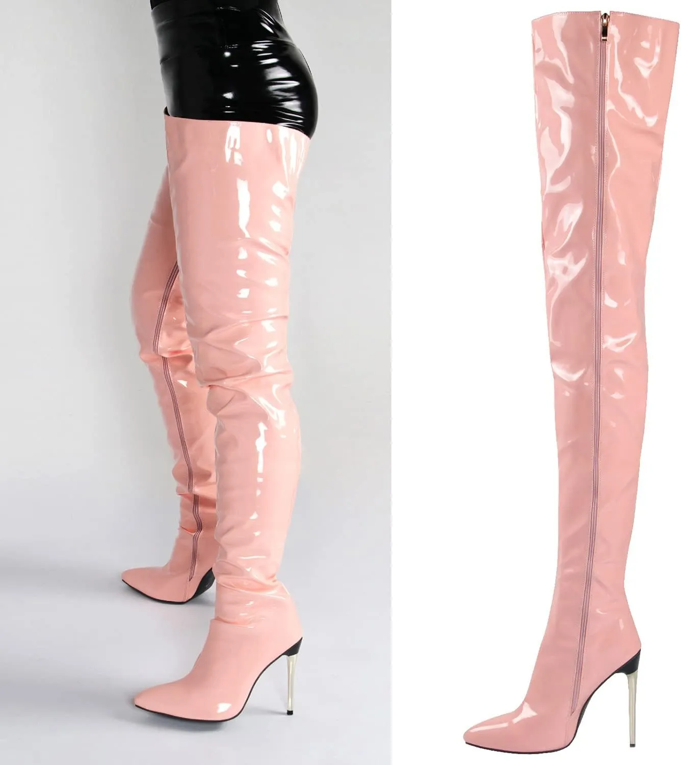 Womens Patent Leather Over The Knee Boots Sexy 4.3 Inch Stiletto High Heel Stretch Side Zipper Thigh Long Boots Pointed Toe Over The Knee Booties