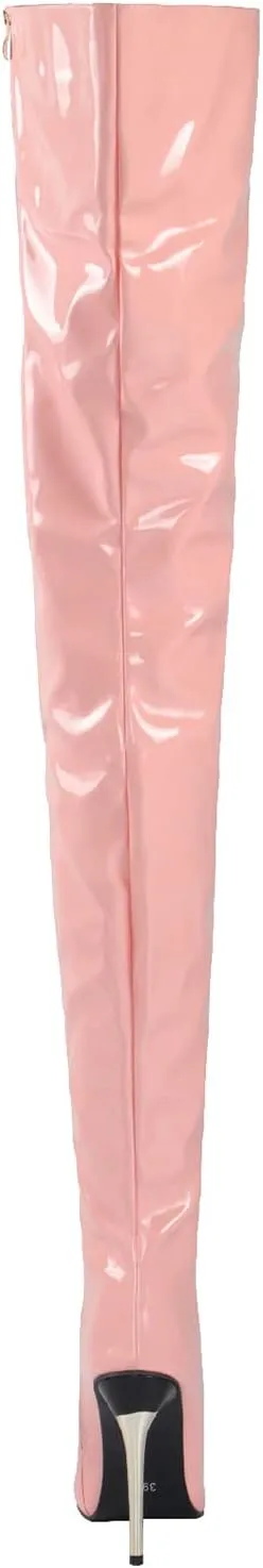 Womens Patent Leather Over The Knee Boots Sexy 4.3 Inch Stiletto High Heel Stretch Side Zipper Thigh Long Boots Pointed Toe Over The Knee Booties