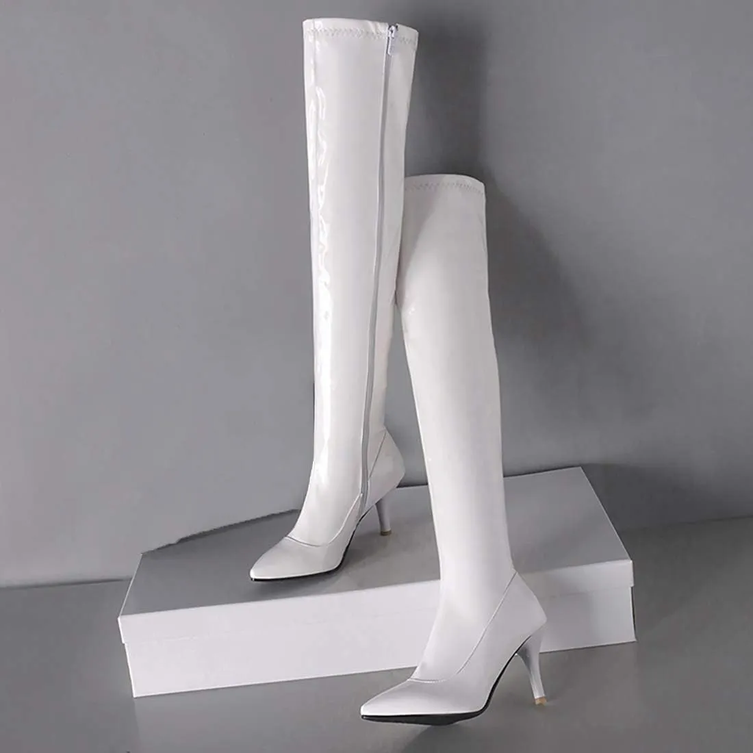 Womens Patent Leather Thigh High Stiletto Over The Knee Pointed Toe Boots