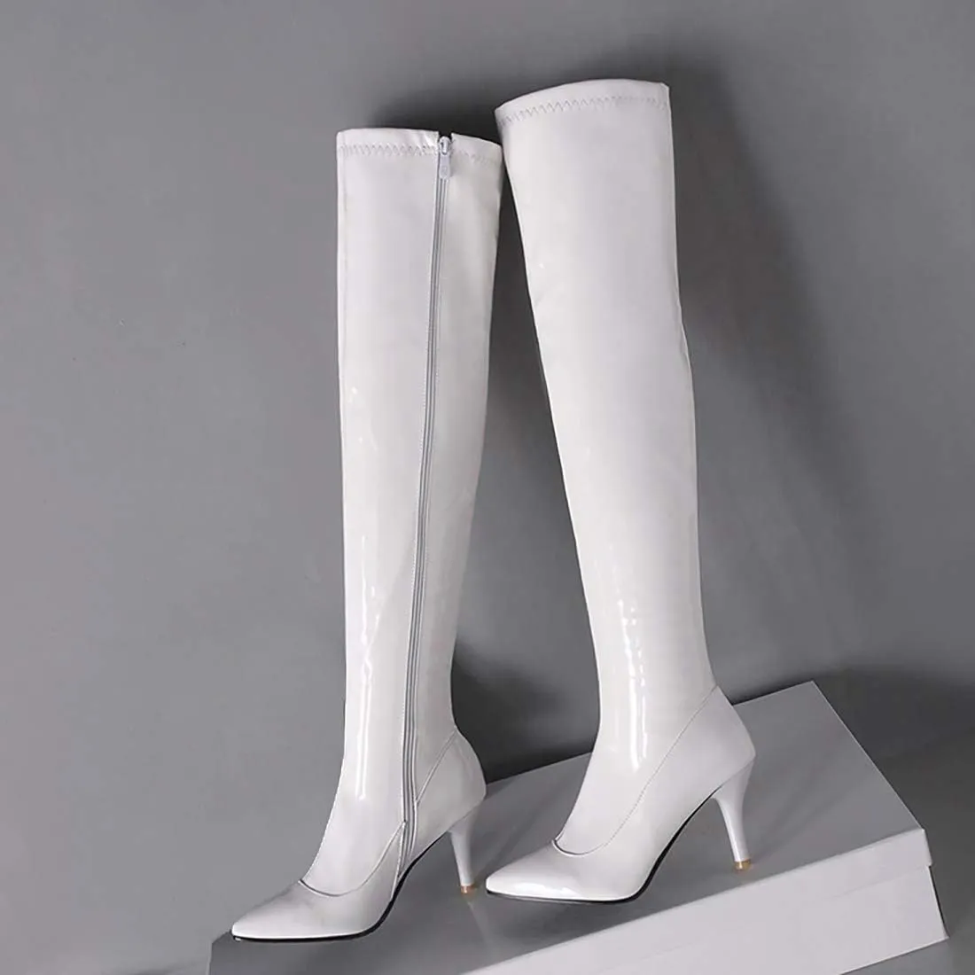 Womens Patent Leather Thigh High Stiletto Over The Knee Pointed Toe Boots