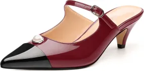 Women's Slide Sandals, Backstrap Buckle Low Kitten Heels, Two Toned Patchwork Pointed Toe, Fashion Party Daily Dress Shoes for Women